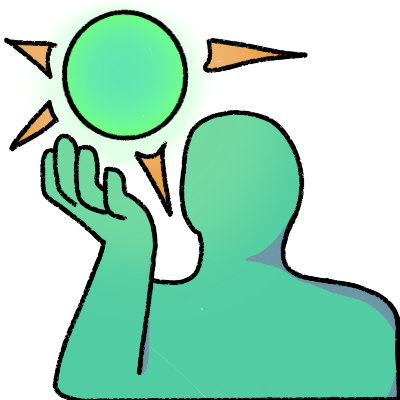 a faceless teal figure looking up at a glowing green orb hovering above their upraised hand.